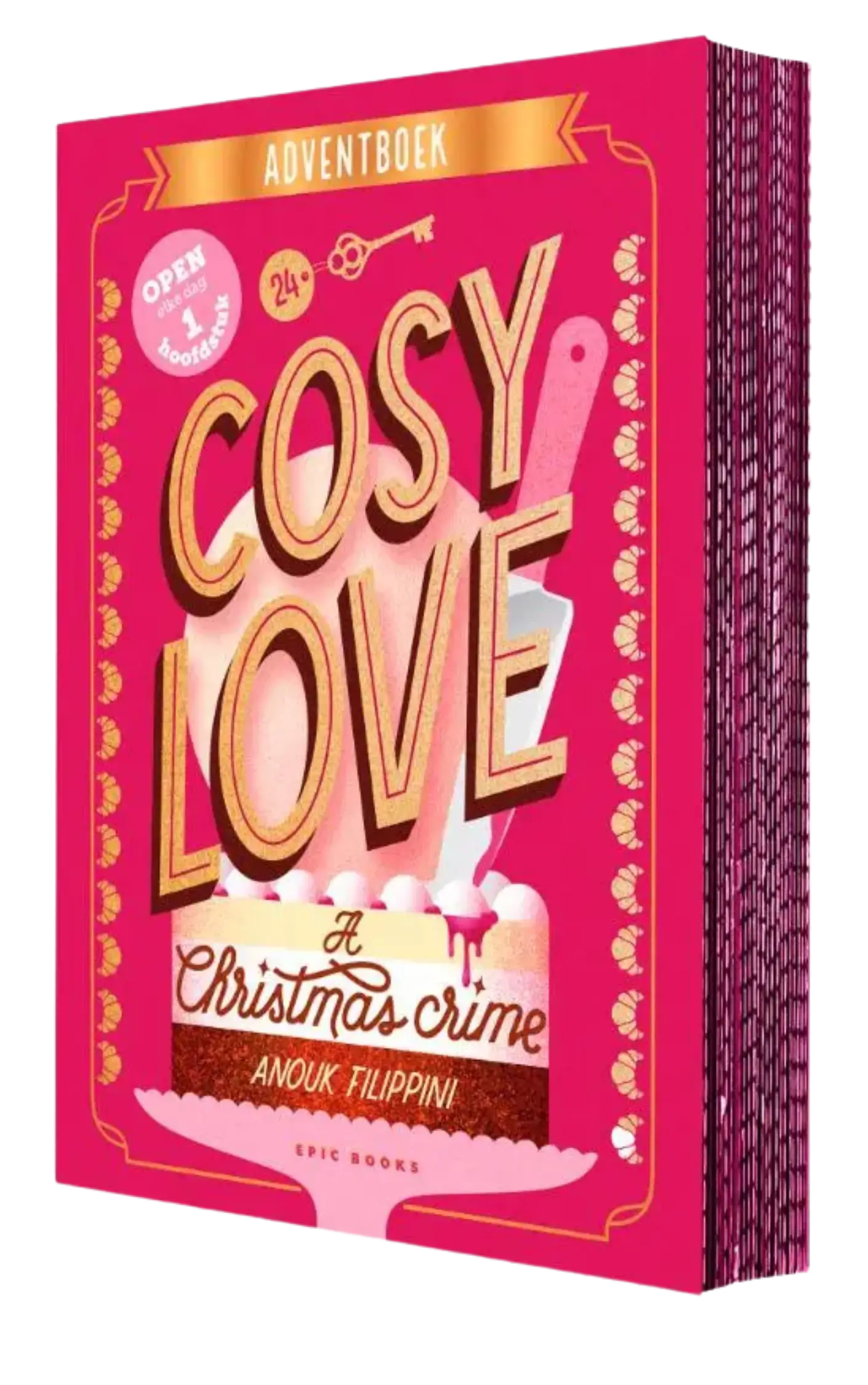 Vibrantroze cosy love adventboek christmas crime met gouden foliedruk en feestelijke taartillustratie van anouk filippini