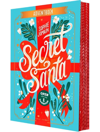 Een levendig turquoise en rood geïllustreerd adventboek secret santa van sophie jomain met feestelijke witte bloemen en groenblijvende ontwerpen op de omslag