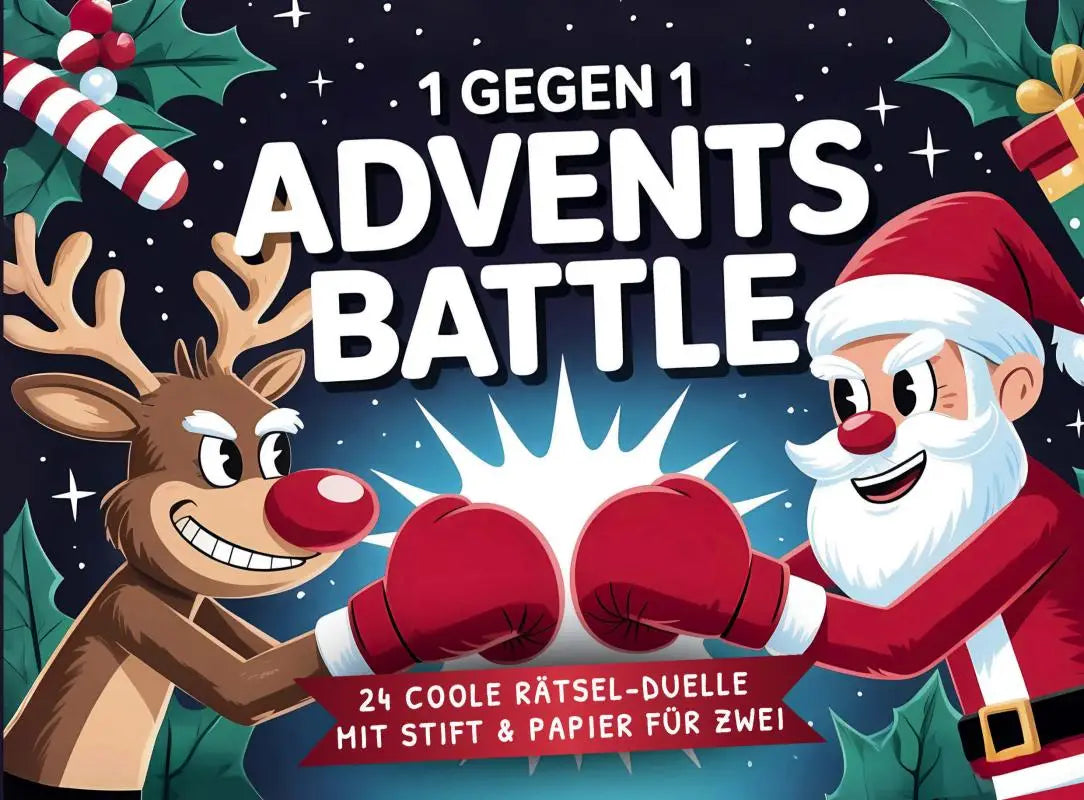 Een feestelijke kerstbordspeldoos met een cartoon rendier en kerstman in rode bokshandschoenen, een cooler adventskalender voor tieners vol challenges en offline plezier