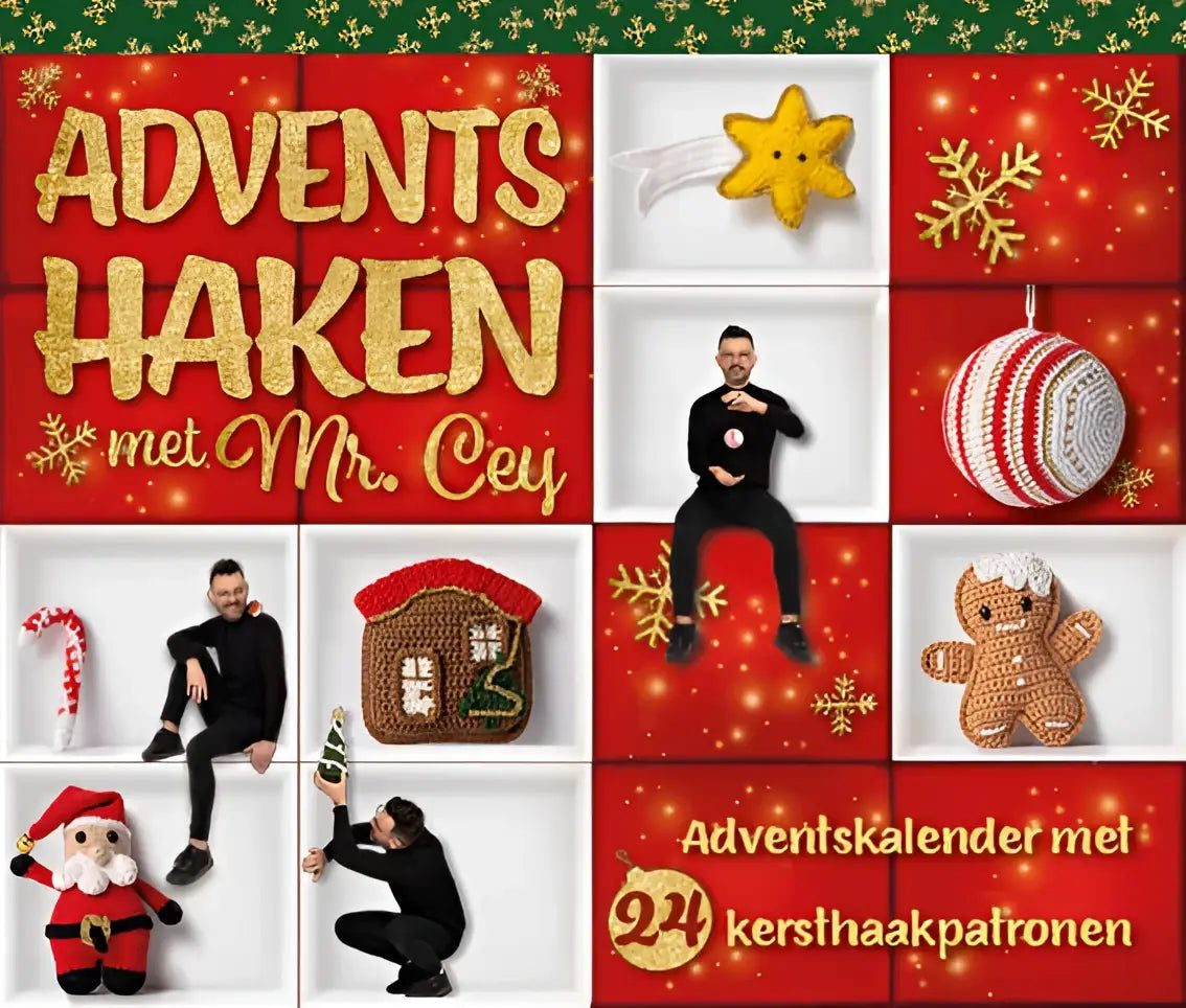 Rood gouden gehaakte adventskalender adventshaken met mr cey met 24 feestelijke patronen zoals peperkoekmannetje en kerstman