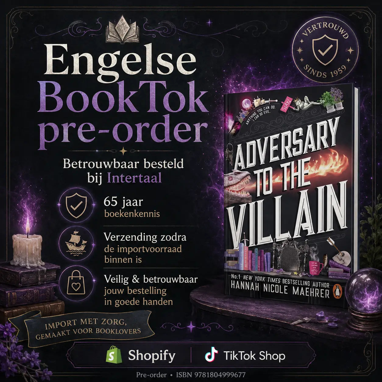 Hardcoverboek adversary to the villain door hannah nicole maehrer met donker kaft en vurige oranje zwarte afbeelding