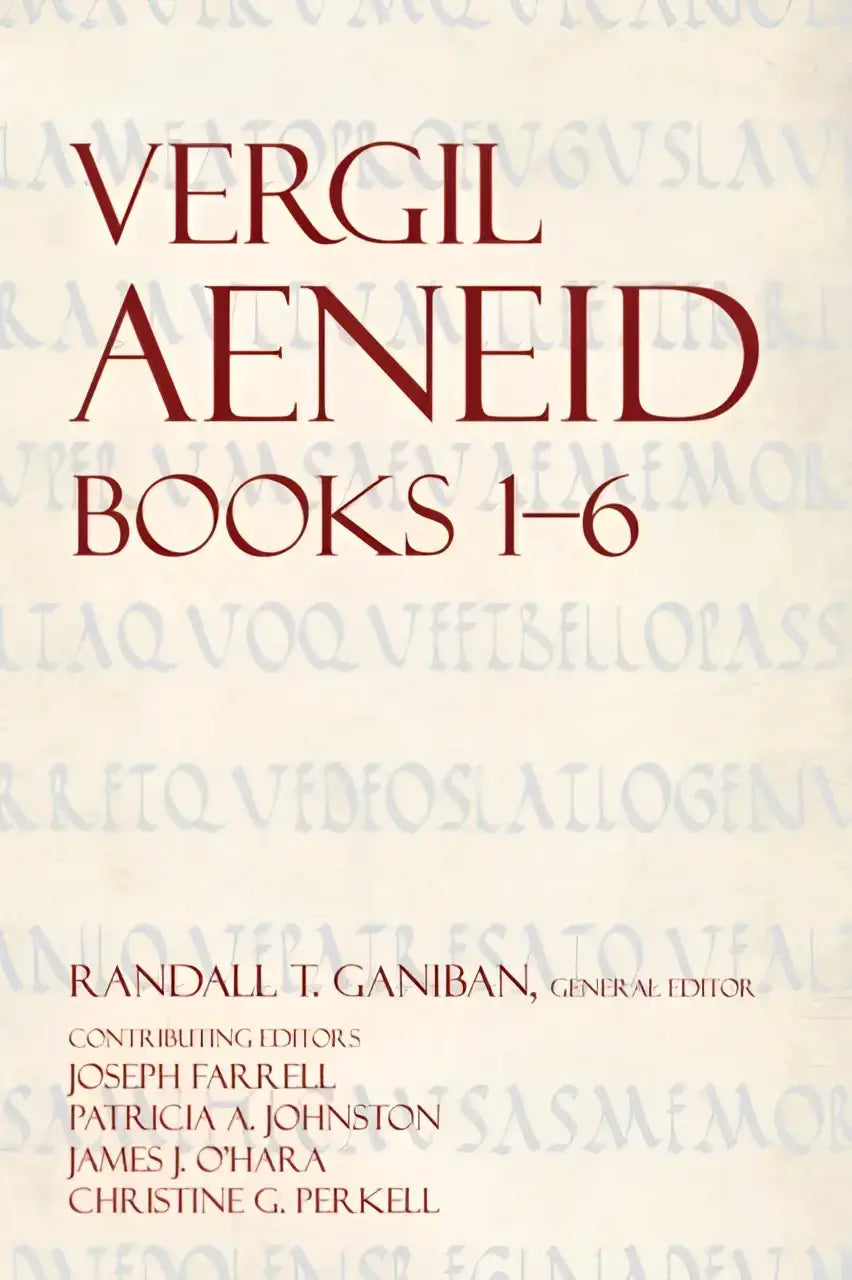 De cover van het boek aeneid books 1-6 met een beige achtergrond, rode serif letters en vage latijnse tekst