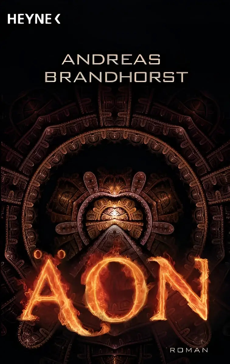 De boekomslag van Äon toont de titel aon in vurig oranje tegen een donkere achtergrond met een azteekse cirkelvormige decoratie