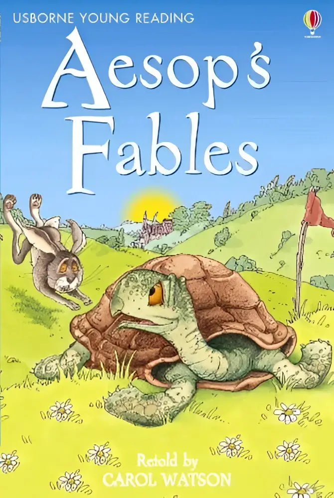 Aesops fables kinderenboek met kleurrijke illustratie van schildpad en haas op zonnig veld voor jonge lezers