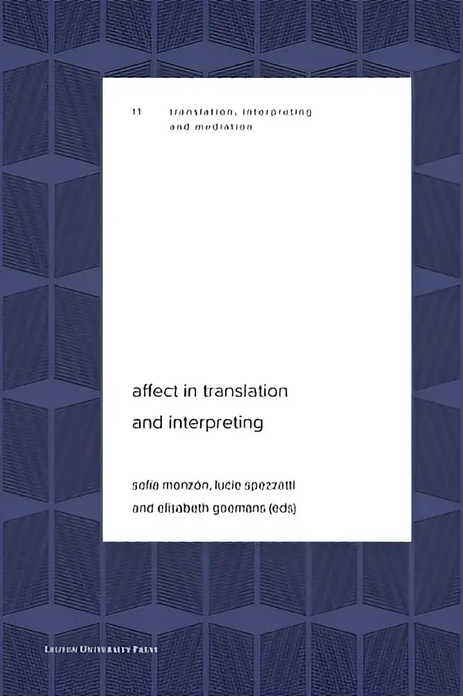 Boekcover van affect in translation and interpreting met minimalistisch ontwerp en donkerblauwe geometrische achtergrond