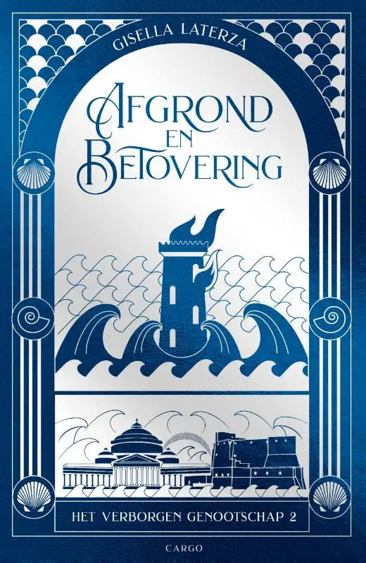 Blauw witte geïllustreerde boekomslag van afgrond en betovering met een toren met vlammen op golven gisella laterza vertaalde literaire roman