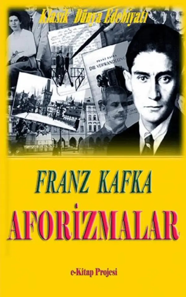 De boekcover van aforizmalar toont een gele achtergrond met groene en rode tekst en zwart-wit fotografische elementen