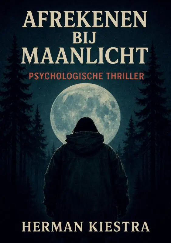 Donkere gevlekte figuur in een donkere hoodie staande voor een grote volle maan in een nachtelijk bos voor afrekenen bij maanlicht