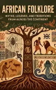 African folklore illustrated book cover with vibrant colors and intricate designs showcasing myths and traditions from across africa
