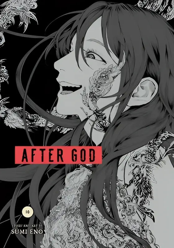 Zwart-wit manga cover van after god vol 10 met vrouw versierd met gedetailleerde bloemen- en kantpatronen