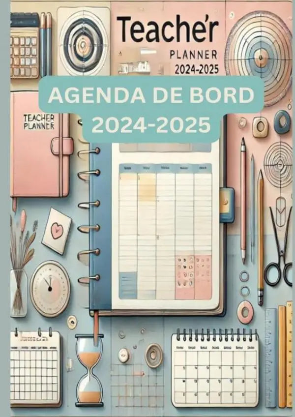 Pastelblauwe spiraalgebonden planificateur scolaire pour enseignant 2024-2025 met rasterkalender en zachte roze accenten