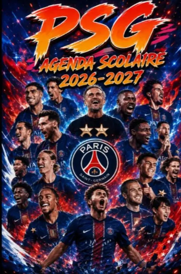 Vibrant rood en oranje psg agenda scolaire 2026 2027 met organisateur scolaire quotidien en paris saint-germain spelersmeer