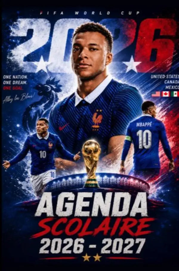 Blauw francais nationaal teamshirt met witte kraag en gouden haan embleem mbappé nummer 10 op de achterkant voor organisateur scolaire quotidien