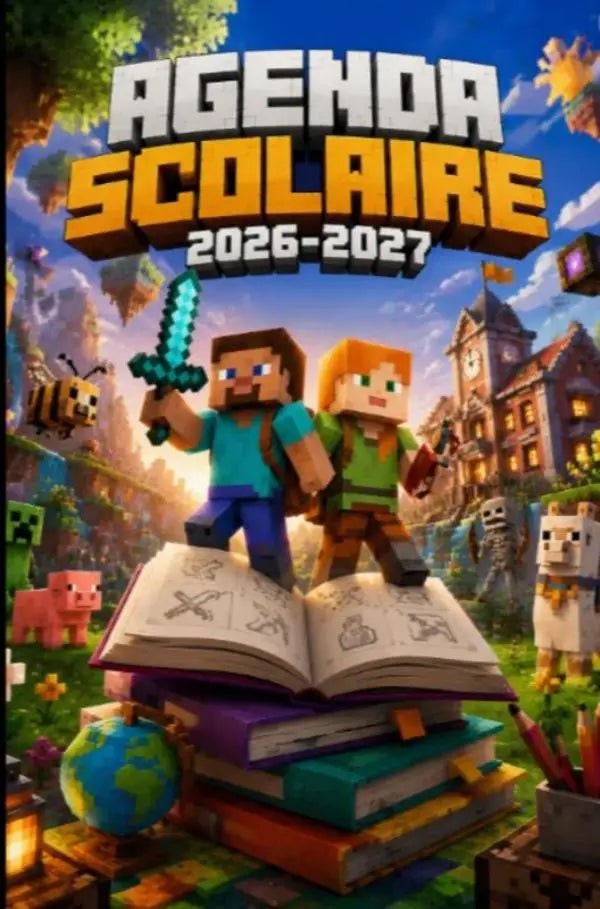 Agenda scolaire 2026 2027 avec personnages minecraft épée lumineuse et livre ouvert sur manuels empilés pour scolaire quotidien