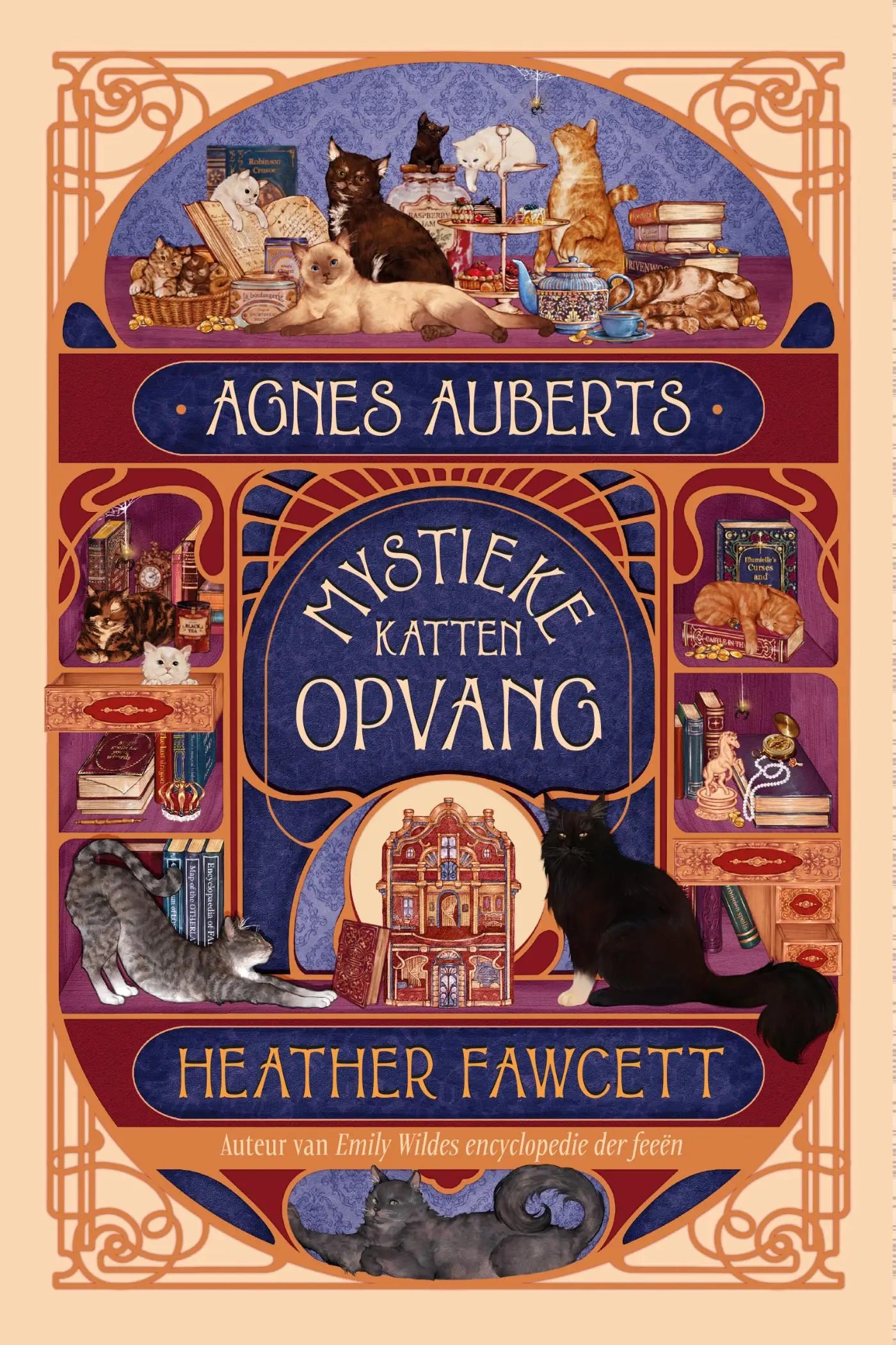 De boekomslag van agnes auberts mystieke kattenopvang toont een blauw boogontwerp met witte letters op paarse achtergrond