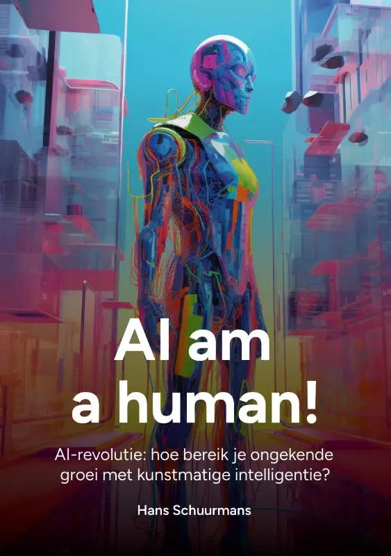 Een cyberpunk-stijl humanoïde met gloeiende blauwe en paarse gezicht en neonaccenten symboliseert kunstmatige intelligentie voor ongekende groei
