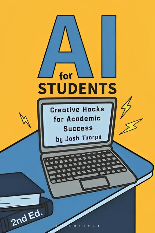 Blauwe laptop met de titel creative hacks for academic success door josh thorpe 2e editie voor studenten AI