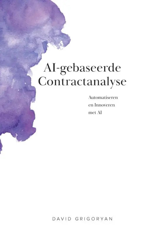Boekcover met paarse aquarel splash en zwarte tekst ai-gebaseerde contractanalyse door david grigoryan