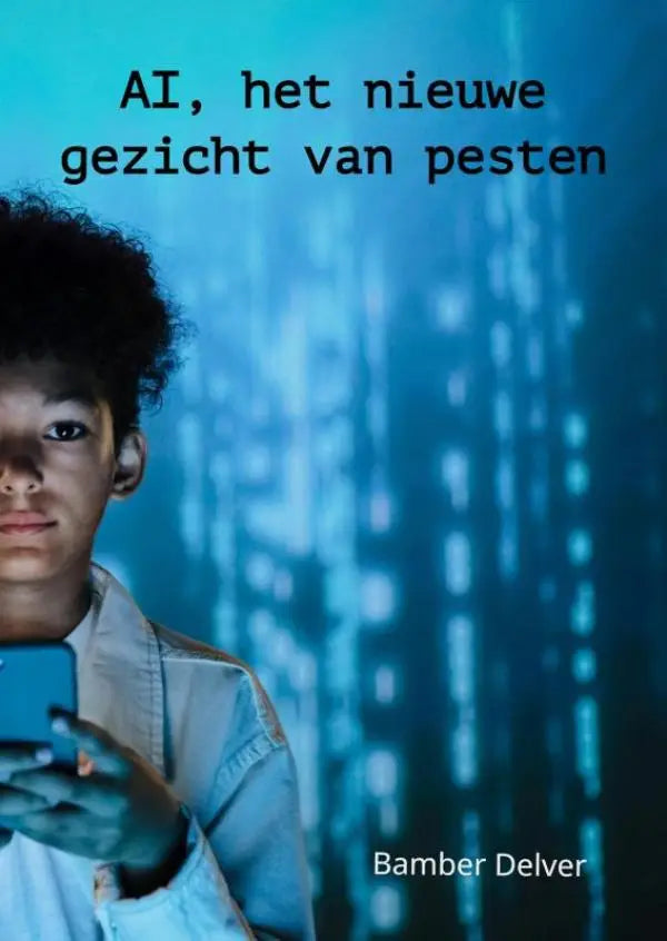 Een jong persoon met krullend haar houdt een blauw smartphone vast tegen digitale data achtergrond het nieuwe gezicht