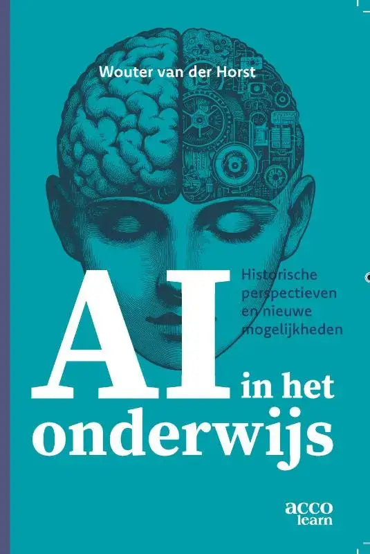 De boekomslag van Ai in het onderwijs toont een gestileerd hoofd met hersenen en tandwielen op een groene achtergrond
