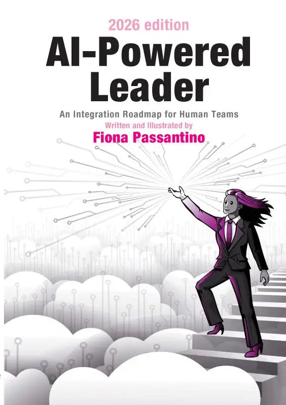 Boekcover van ai-powered leader 2026 editie met illustratie van vrouw in zwart pak en paarse accenten, roadmap voor human teams