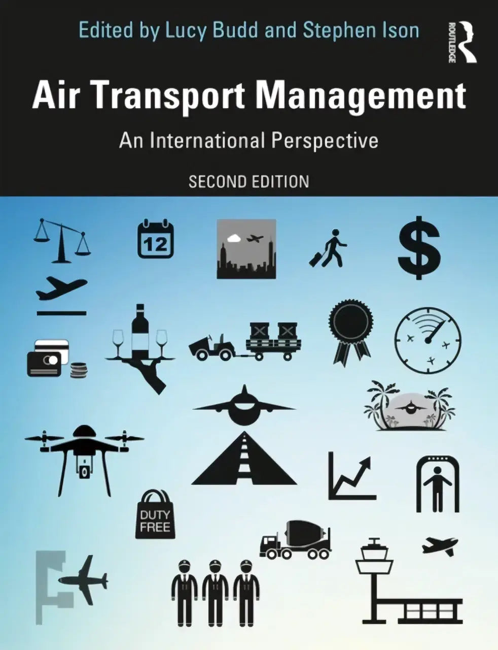 Zwart-witte geïllustreerde boekomslag air transport management an international perspective tweede editie door lucy budd en stephen ison
