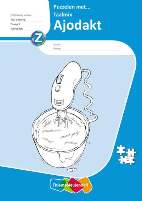 Witte geïllustreerde elektrische handmixer met oprolbare snoer en groep 5 label in schaal met puzzelstukken ajodakt taal puzzelen