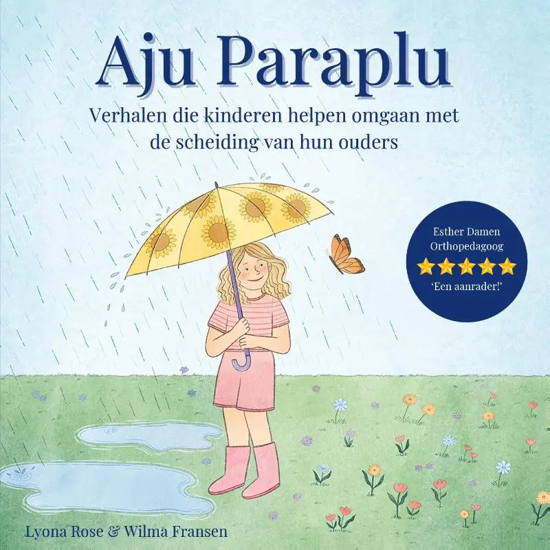 Gele paraplu met zonnebloemmotief van aju paraplu gericht op kinderen helpen omgaan met scheiding