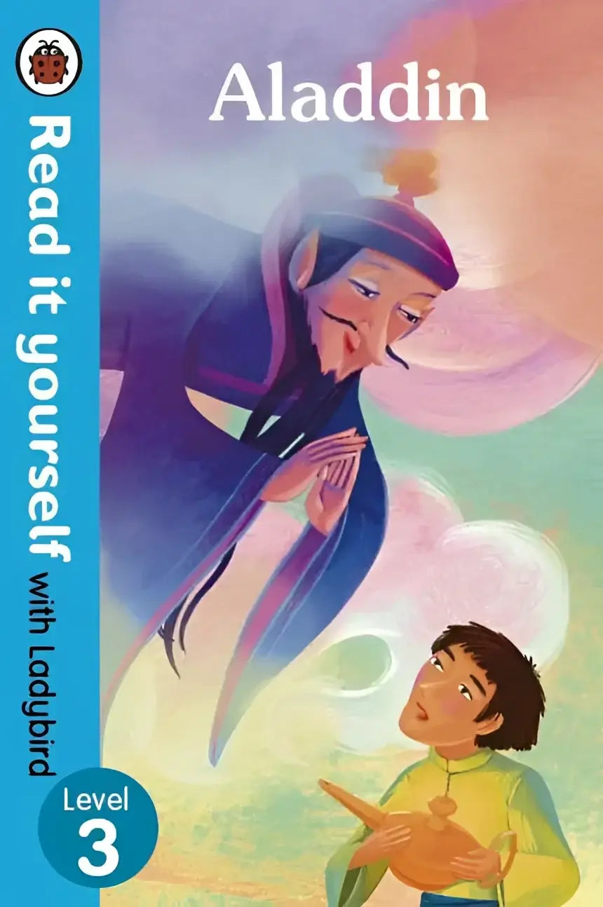 Aladdin leesboek cover met cartoon geest in paarse mantel en jongen voor jezelf leren lezen niveau 3 laddbird
