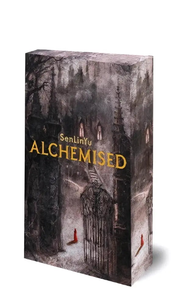 De global fantasy sensation alchemised van senlin vu heeft een donkere gothic omslag met roodaccenten en intricte steenarchitectuur