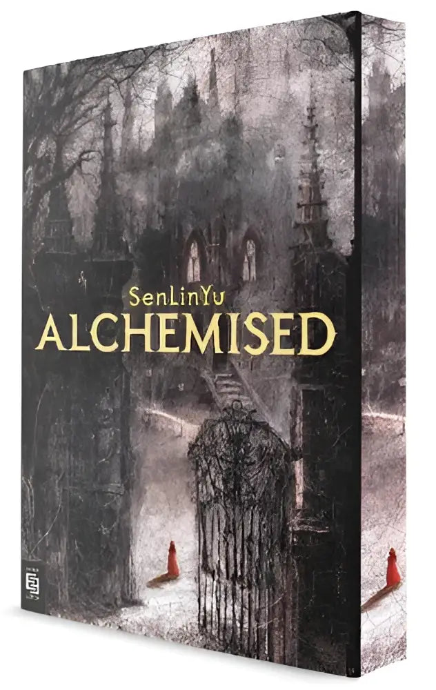De doos van alchemised engels editie toont een donker gothic illustratie van een poort en kasteel in deze global fantasy sensation