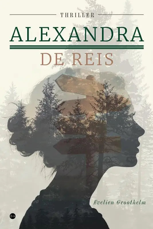 Het boek alexandra de reis met een beige cover en een silhouet van een vrouw met bosmotief