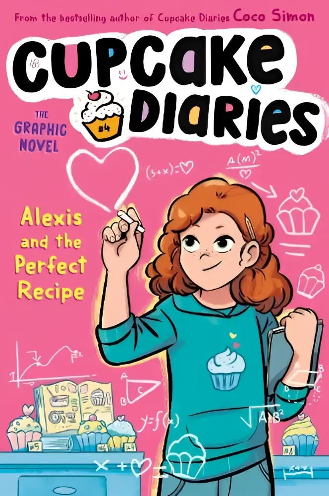 De cover van de graphic novel alexis and the perfect recipe toont een cartoonmeisje met oranje haar en een teal shirt met cupcakeprint