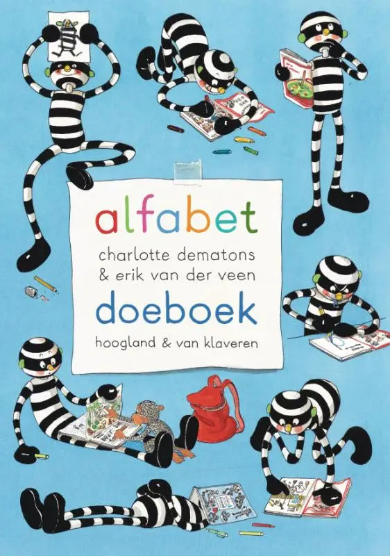 De cover van het alfabet doeboek met zwart-wit gestreepte cartoonfiguren van charlotte dematons