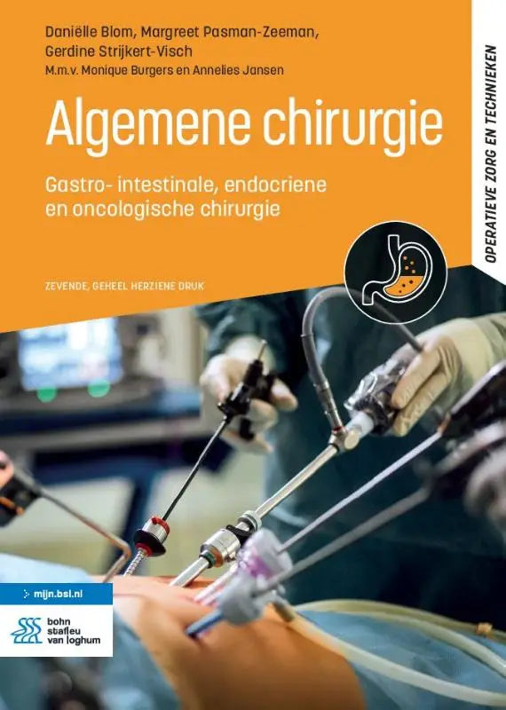 Oranje medische leerboek algemene chirurgie met titel en iconische maag en chirurgische instrumenten door daniëlle blom en gerdine strijkert-visch