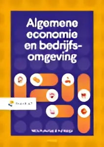 De boekcover van algemene economie en bedrijfsomgeving toont de titel in zwarte tekst met oranje en blauwe cirkelvormige grafiek voor bedrijfskunde hoger onderwijs