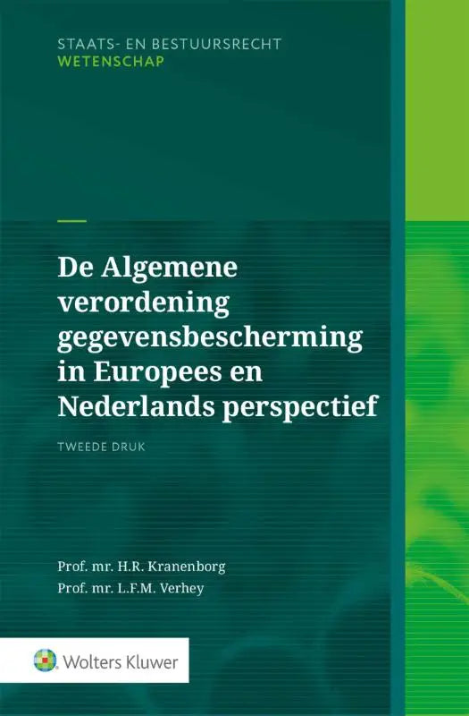 Groen hardback boek met donker teal omslag en lichte groene verticale streep over de algemene verordening gegevensbescherming