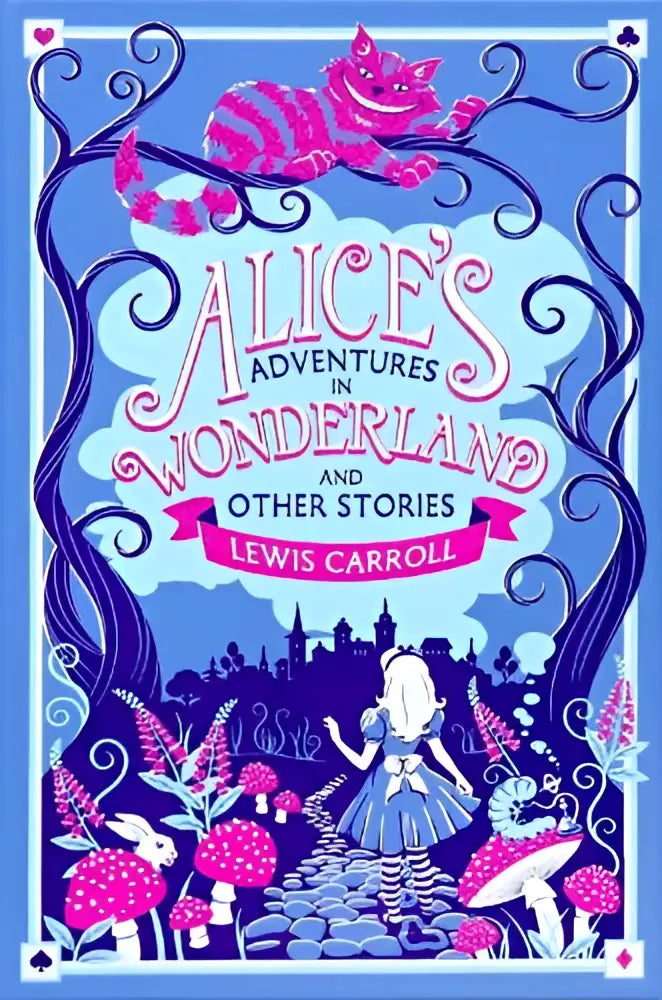 Een levendige roze en blauwe illustratie van alice in een blauwe jurk met gestreepte kousen op de cover van wonderland and other stories