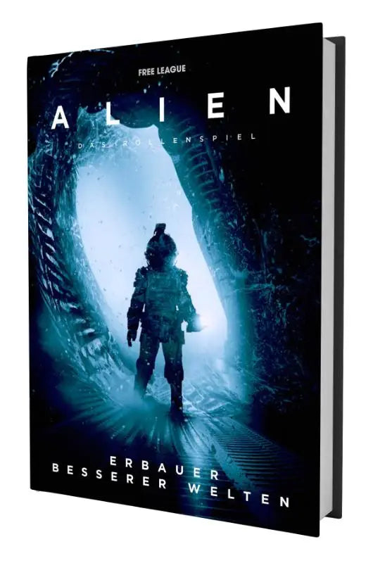Zwart hardcovers boek alien door free league met glanzende omslag en astronaut voor blauw alien tunnel, erbauer besserer welten