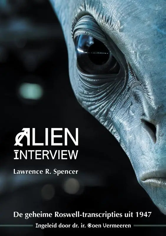 Close-up van een grijze alien oog met gedetailleerde huid in alien interview de geheime roswell-transcripties uit 1947