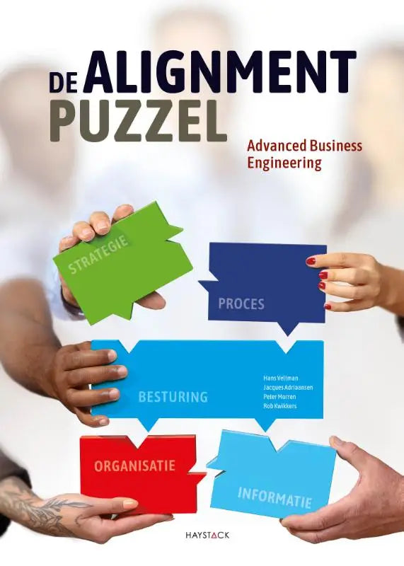 De cover van het boek de alignmentpuzzel door haystack toont kleurrijke puzzelstukken met business termen voor advanced business engineering
