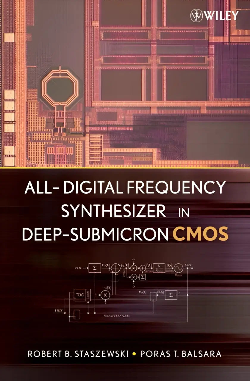De boekcover toont een gedetailleerd microchipcircuit in oranje en paars voor all-digital frequency synthesizer in deep-submicron cmos door robert b