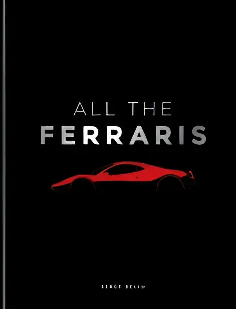 Rode silhouet van een ferrari sportwagen op zwarte achtergrond in het ferrari bible boek over meer dan 600 modellen