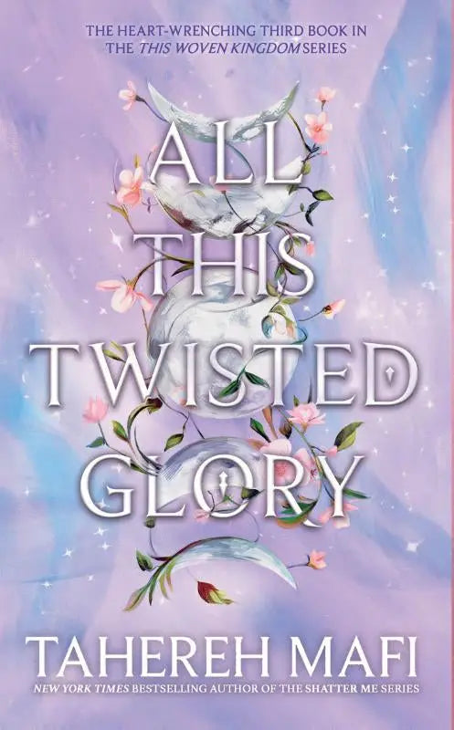 De boekomslag van all this twisted glory door tahereh mafi toont zilveren maancycli met roze bloemen op lavendel achtergrond