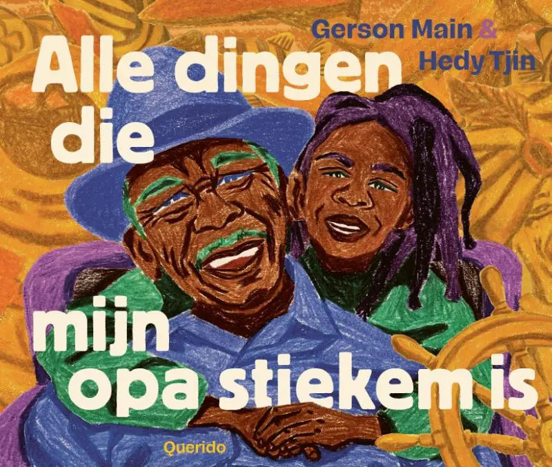 Vibrante geïllustreerde kinderboekcover met opa stiekem en jonge lezers in kleurrijke kleding en warme achtergrond