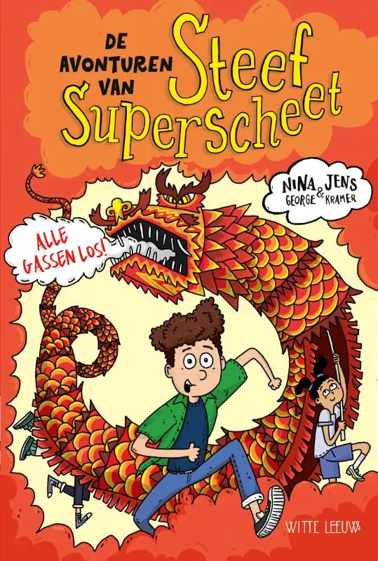 Vibrante rode en oranje draak met scherpe tanden siert de cover van alle gassen los van nina george en steef superscheet
