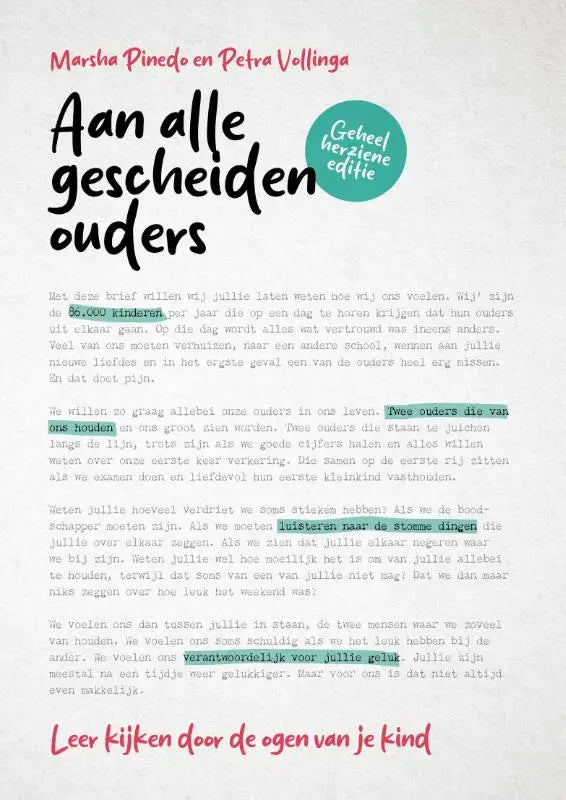 De boekcover van aan alle gescheiden ouders met leer kijken als thema en zwarte en roze tekst