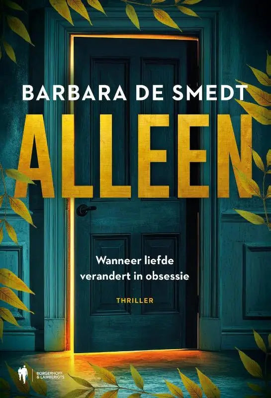 Donkerblauwe houten deur alleen met gouden letters en herfstbladeren als omlijsting