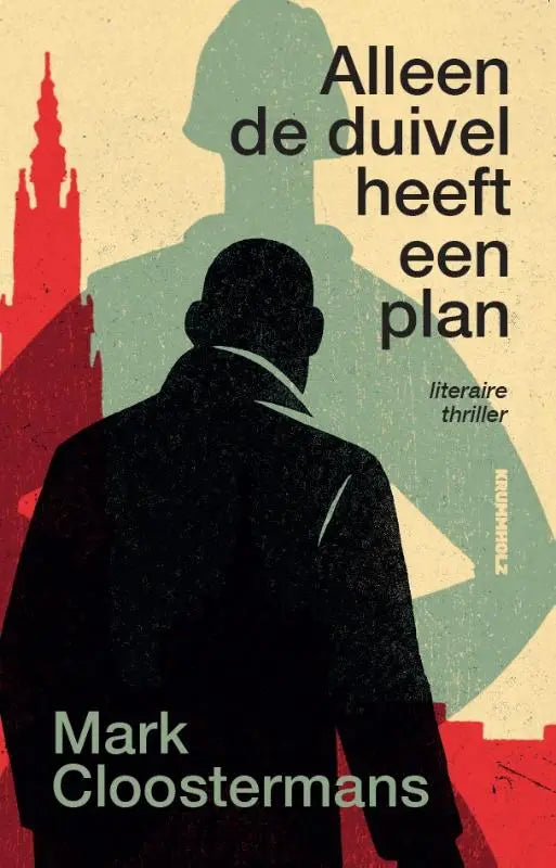 Boekcover van alleen de duivel heeft een plan met zwarte silhouetten van een man en rood teal geometrisch ontwerp
