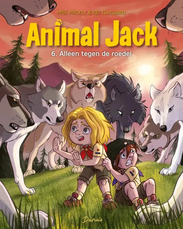 Cover van de animal jack comic book alleen tegen de roedel met kleurrijke cartoonkarakters en wolven bij zonsondergang